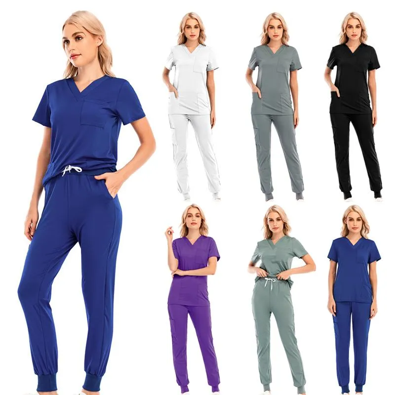 T-Shirt Femme Mode Femme Manches Courtes Col V Séchage Rapide Uniforme de Travail Infirmier Avec Poche Ensemble Couleur Unie Vêtement UniformeT-Shir Femme