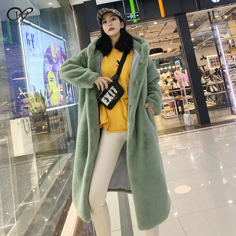 Winter Faux Rabbit Fur Coat Women Long Lady Loose Plush Hooded Female Thick Warm Jacket Pink Overcoats 201029