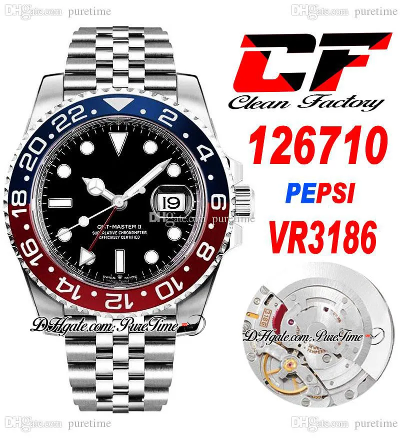 Clean CF GMT VR3186 Pepsi Automatic Mens Watch Red Blue Ceramic Bezel Black Dial 904L JubileeSteel Bracelet Super Edition نفس بطاقة الضمان التسلسلي PTRX Puretime 2