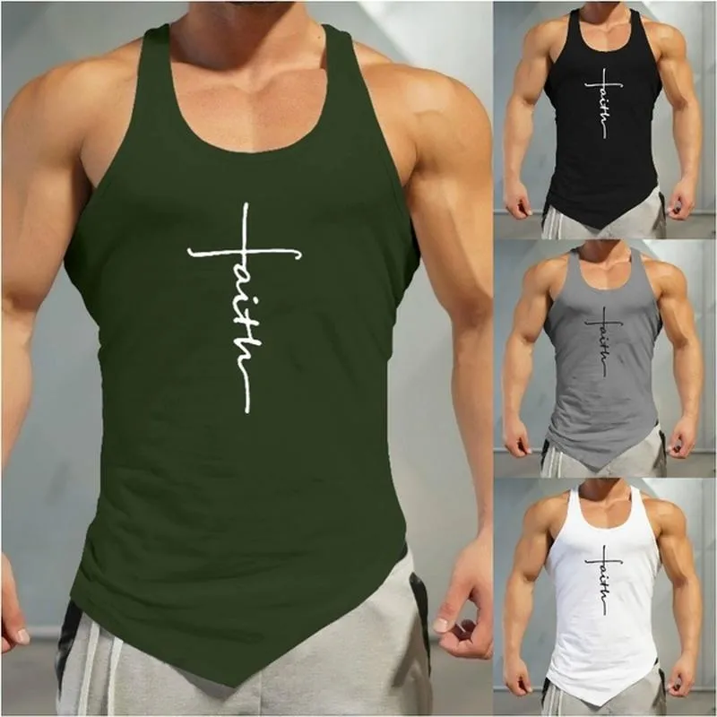 Men's Tank Tops Gym Top Men Letter Printing Faith Shirt Fitness Clothing Mens Summer Sports Casual Slim Graphic Tees Shirts Vest