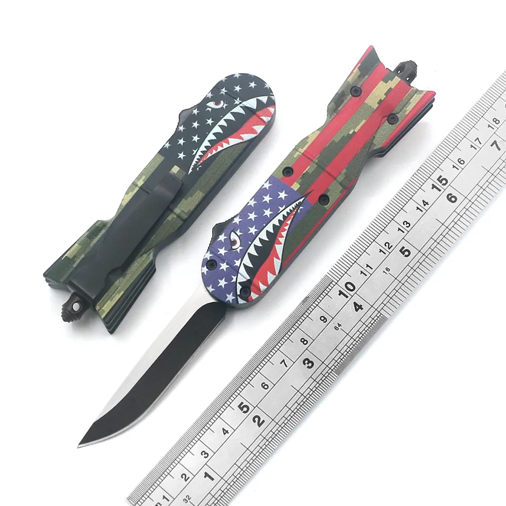 頑丈な戦術的な軍事ポケット自己防衛自動ナイフ440折りたたみブレードEDCサバイバルツールアメリカの国旗パターンホリデープレゼント