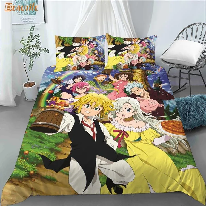 Set di biancheria da letto Personalizzato Nanatsu No Taizai Anime 3 pezzi Set copripiumino Fashion Consolatore Federa Tessili per la casa 10-27Biancheria da letto
