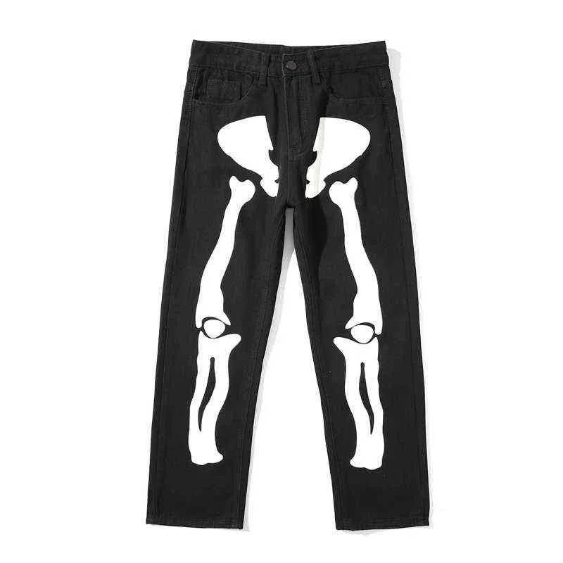 Män skelett tryckt jeans byxor mens high street breda ben raka löst hiphop harem jeans unga casual denim byxor overall g275e