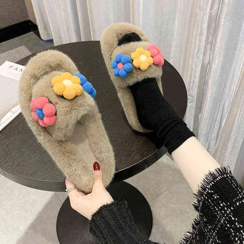 Winter Version Girl Heart Flower CrossSlip Lady Thick Bottom Homewear Hair Slippers Jelly Slides Fluffy Flip Flop platform J220716