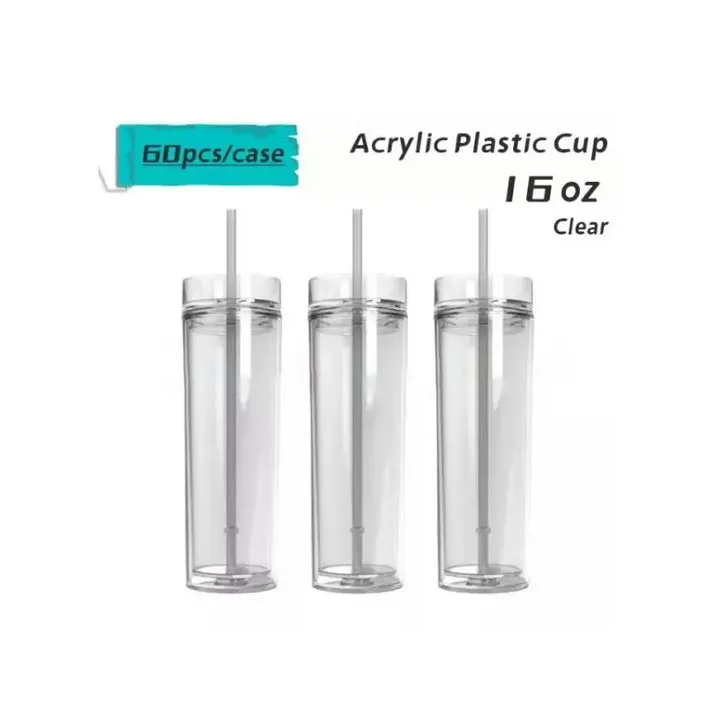 US Warehouse 16oz Acrylic Skinny Tumblers Clear Tumbler with Lids and Straws Double Wall Plastic Cups Reusable Cup US STOCK