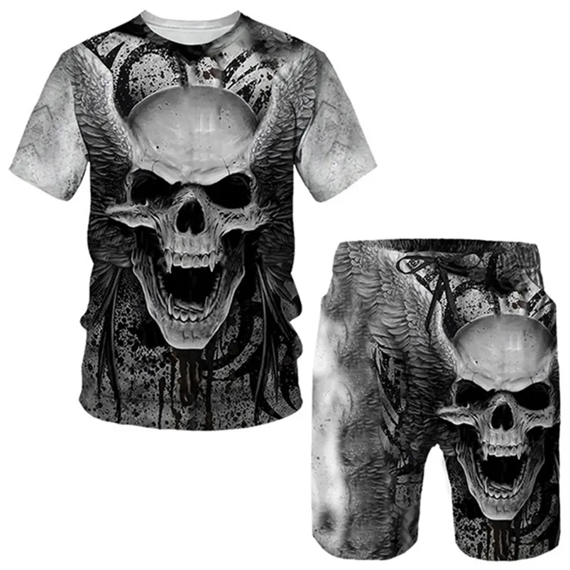 Punk Skull T-shirt oversize stampata 3D Pantaloncini Set Abbigliamento sportivo da uomo Tuta grafica gotica T-shirt Top Abbigliamento estivo 220621