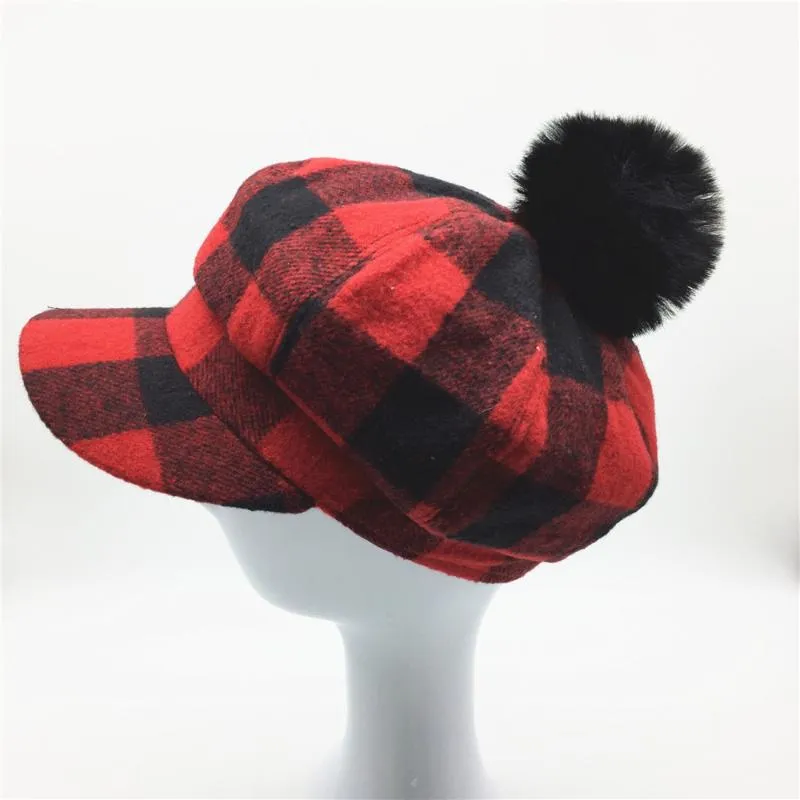 Berets Women Plaid Baker Boy Hat Removable Faux Fur Pompom Girls Red Black Checked Baseball Cap Octagonal Sboy Winter HatBerets