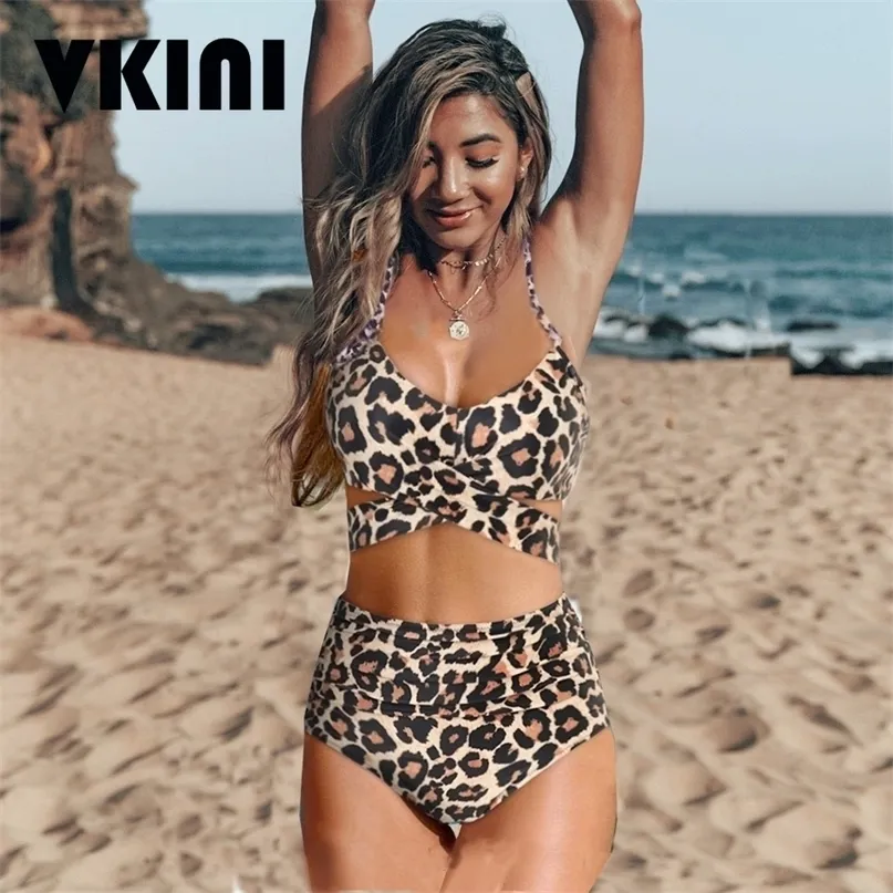 Badkläder kvinnor hög midja baddräkt Push Up Bikini Woman Sexig Leopard Cross Bandage Bathing Suit Female Bikini Set Plus Size 220504