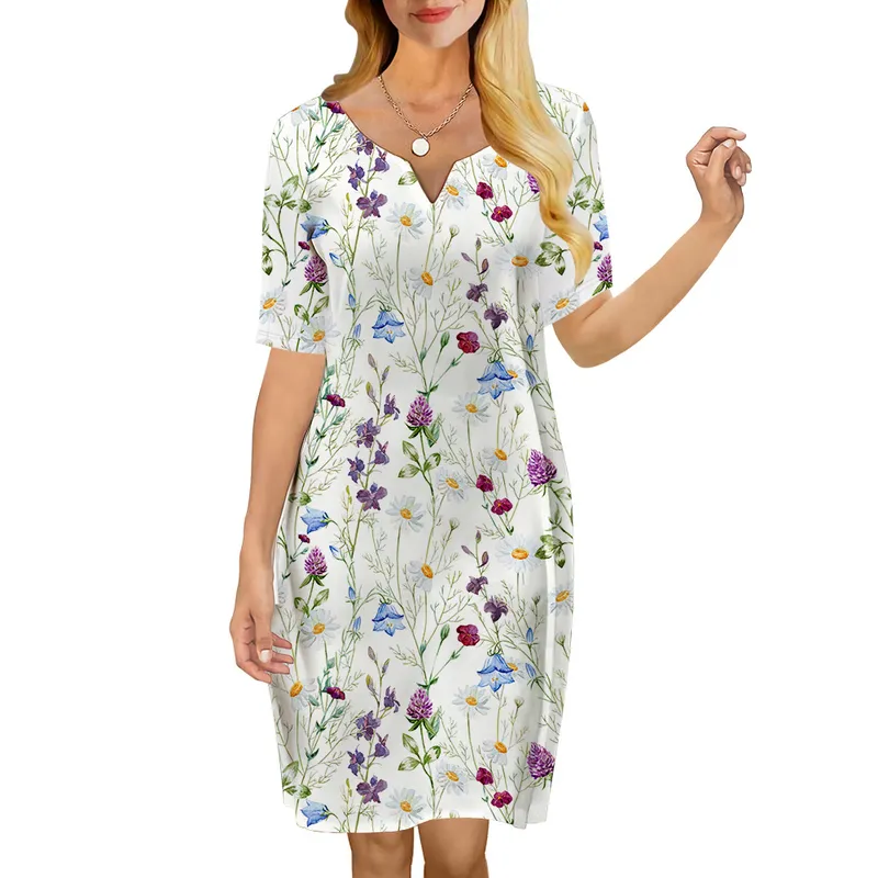 Femmes robe Vintage Floral 3D imprimé col en v ample décontracté à manches courtes robe droite pour les robes féminines robe d'été 220616