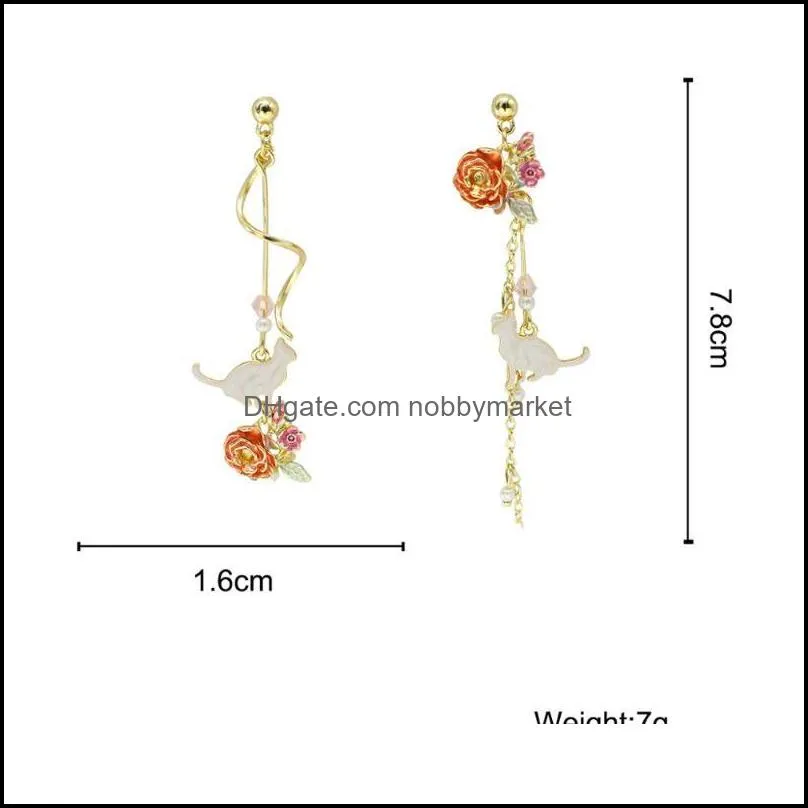 Dangle & Chandelier Lifefontier Exquisite Colorful Enamel Rose Drop Earrings For Women Asymmetric Shell Cat Charm Chain Tassels