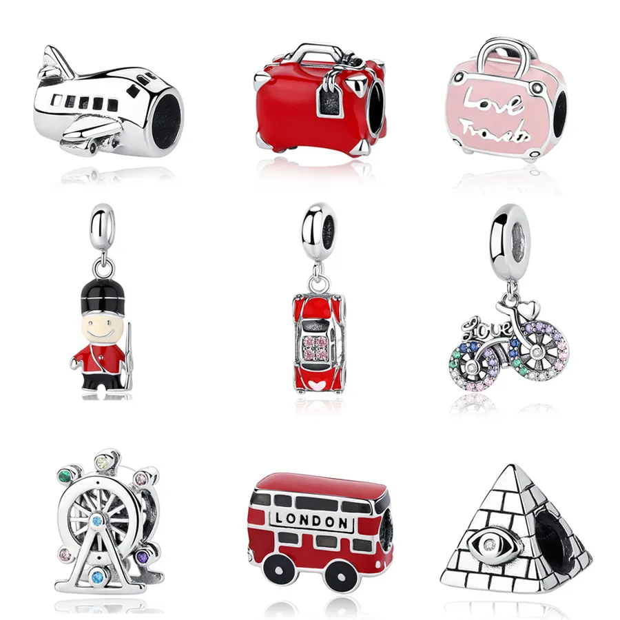 925 Sterling Silver Dangle Charm Voyage Londres Bus Moto Valise Perle Fit Pandora Charms Bracelet DIY Bijoux Accessoires