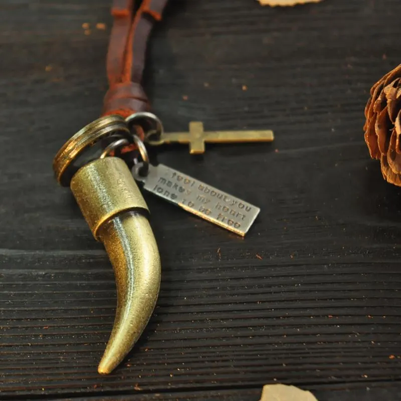 Pendant Necklaces 100% Genuine Leather Jewelry Men Necklace Rope Vintage Horn Long Chains Collier For Women Gargantilha De CouroPendant