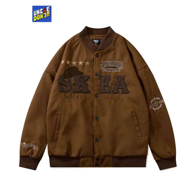 Uncledonjm Brown Embroidery Text Baseball Jacket Men and Women Fashion Street Loose Jacketカップ