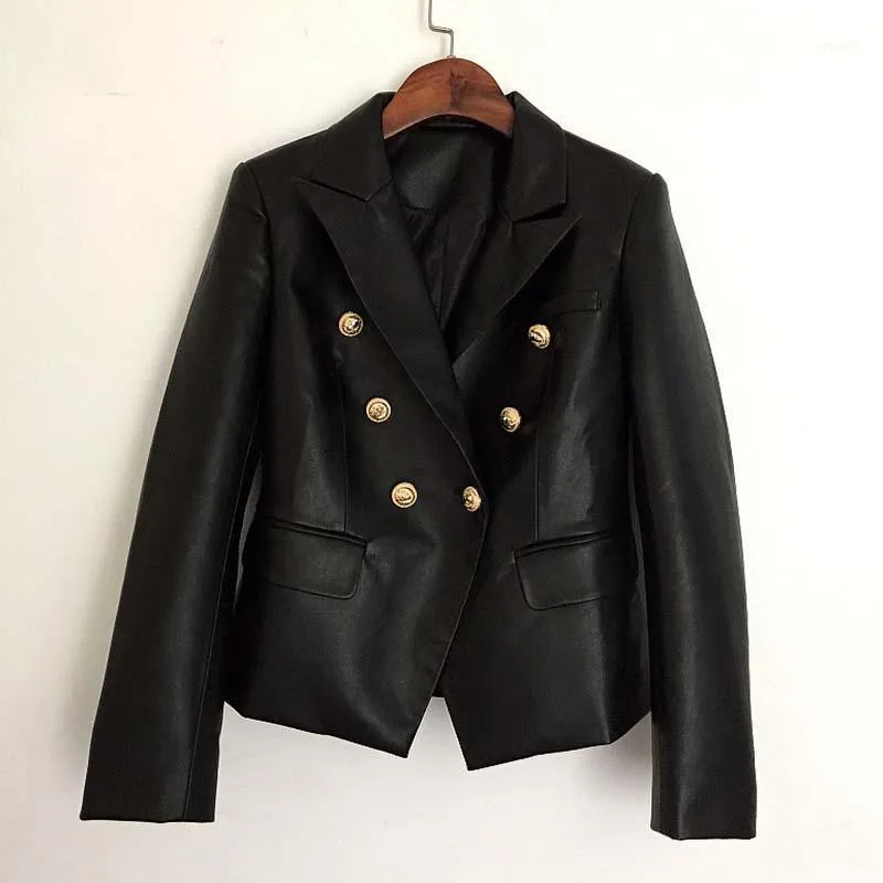 Autumn Winter 2022 Runway Black Jacka Women Lion Metal Button Double Breasted Syntetic Leather Outer Coat Clothes