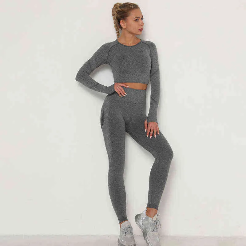 Vrouwen naadloze yoga set sportpak trainingspakken lange mouw crop top en hoge taille broek workout kleding set J220706