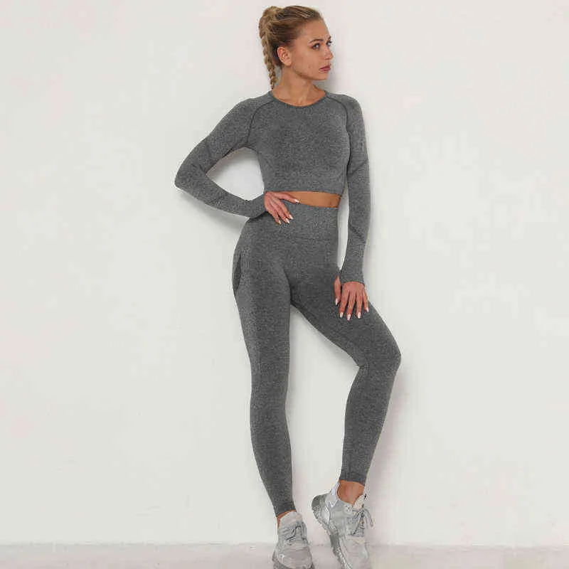 Women Seamless Yoga Set Sports Suit Tracksuits Long Sleeve Crop Top And High Waist Pants Workout Clothing set J220706