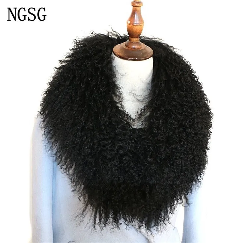NGSG Frauen Echtpelz Kragen Solid Black Natürliche Echte Mongolische Schafe Wolle Schal Mantel Winter Anpassen Multis Y201007
