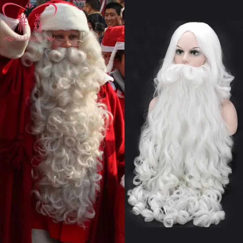 Parrucca cosplay di Natale Barba Parrucca barba di Babbo Natale Capelli sintetici lunghi ricci bianchi Costume cosplay per adulti Regalo di Natale Gioco di ruolo