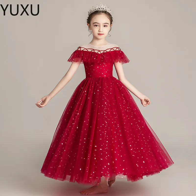 Red Flower Girl Dresses for Wedding Lace Applique Ruffles Ball Gown Girls Pageant Gowns Sequined Sweep Train Children Prom Party Dresses