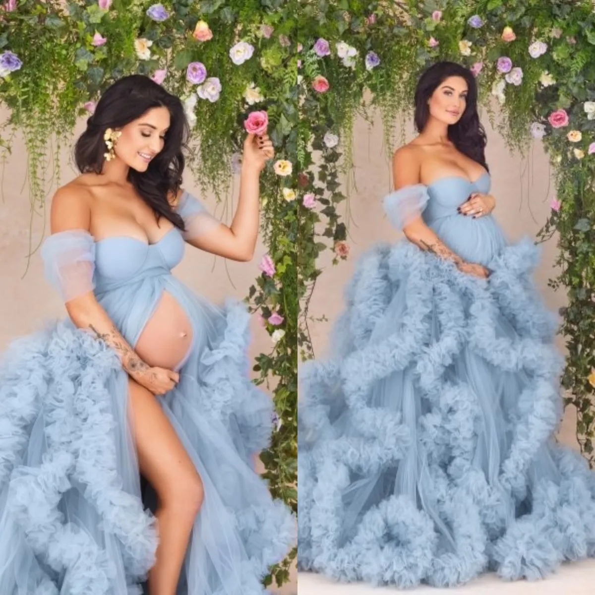 Sky Blue Maternity Wraps Gowns Off The Shoulder Birthday Party Bathrobes Sweetheart Sleepwear for Photo Shoot Custom Made