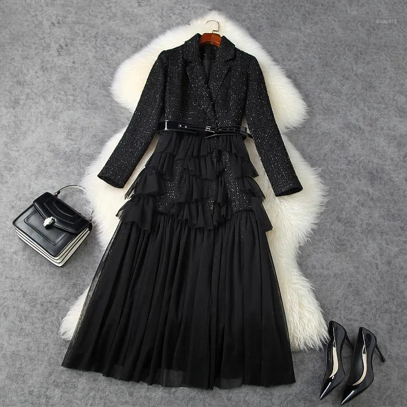 Casual Dresses 2022 Autumn Winter Women Black Dress Ruffles Mesh Patchwork Tweed hackad krage långärmad elegant sexig blazer