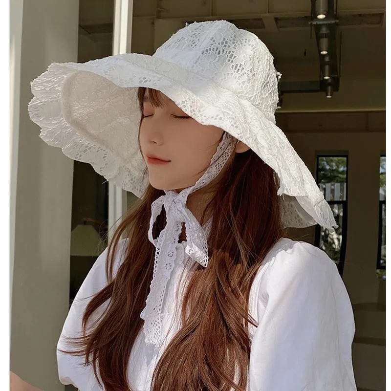 Wide Brim Hats Summer For Women Black White Lace Bucket Hat Beach Sunhat  Large Anti-UV Cap WomenWide