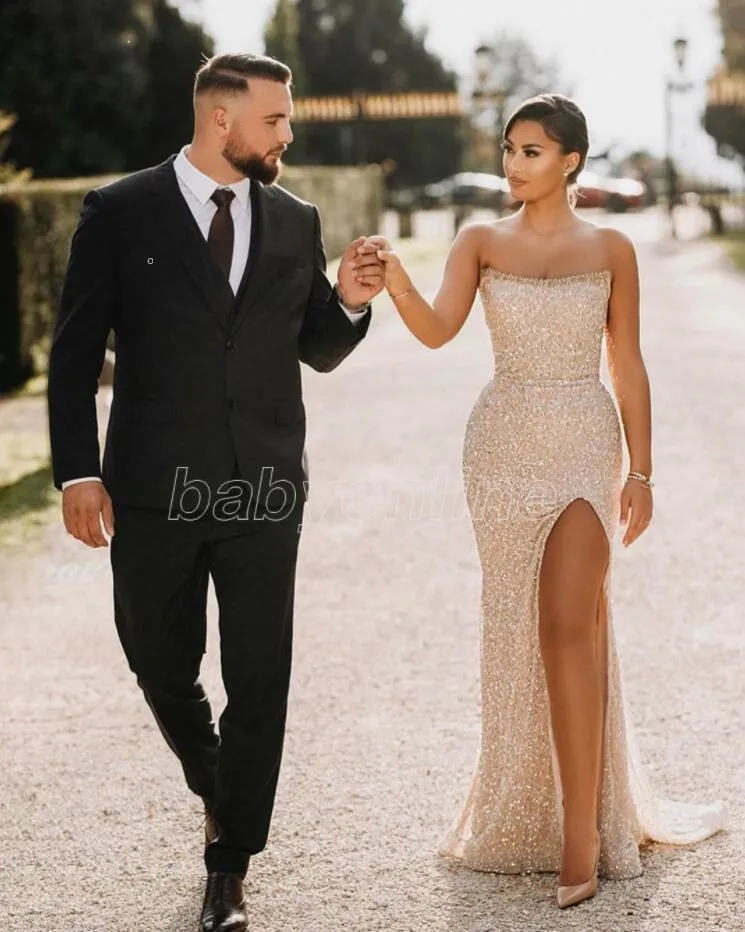 DHgate One Piece Champagne Mermaid Prom Dress Sexy High Side Split Evening Gown with Open Back for Formal Parties and Bridesmaids Wedding Party Events