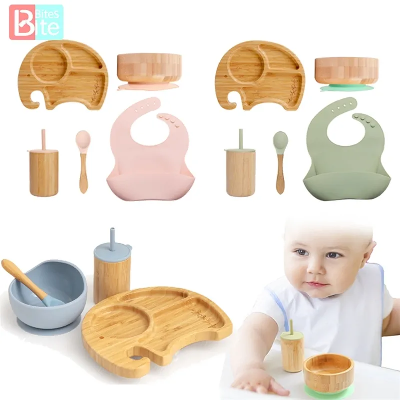 Bite Bites 1SET Silicone Baby Feeding Tableware Bamboo Wood Dinner Plate With Suction Cup Easy To Clean Children's Tableware 220624