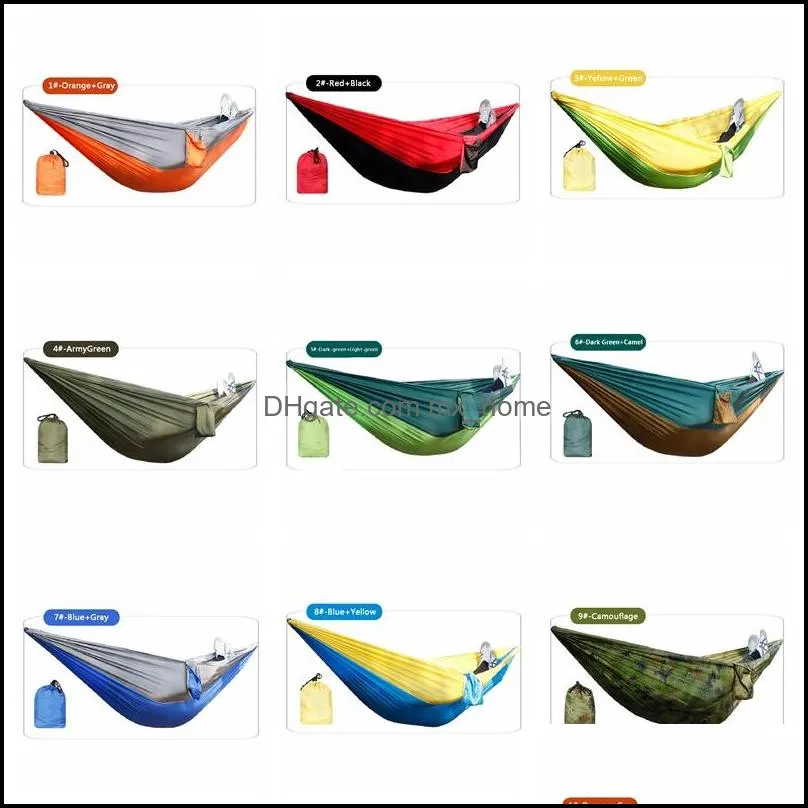 106x55inch outdoor foldable hammock field camping parachute cloth swing hanging bed nylon hammock with ropes carabiners 9 colors dbc