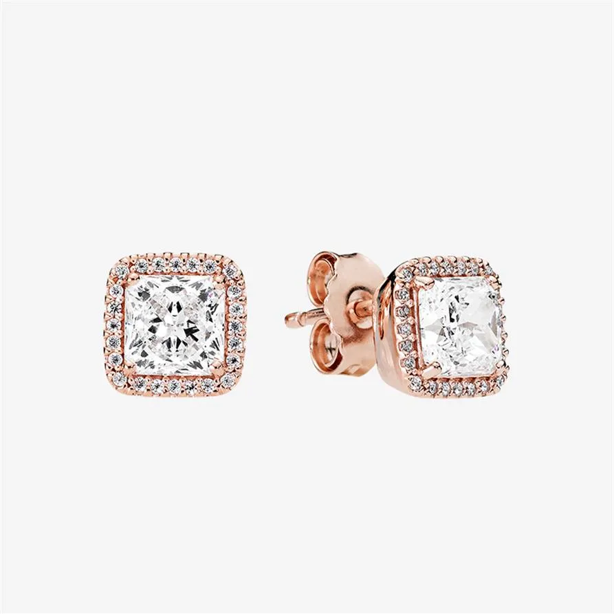 CZ Diamond Onring Women Rose Gold Flaged Modern Jewelry for Pandora 925 Silver Clear Square Square Halo Stud Strings with Orig220V