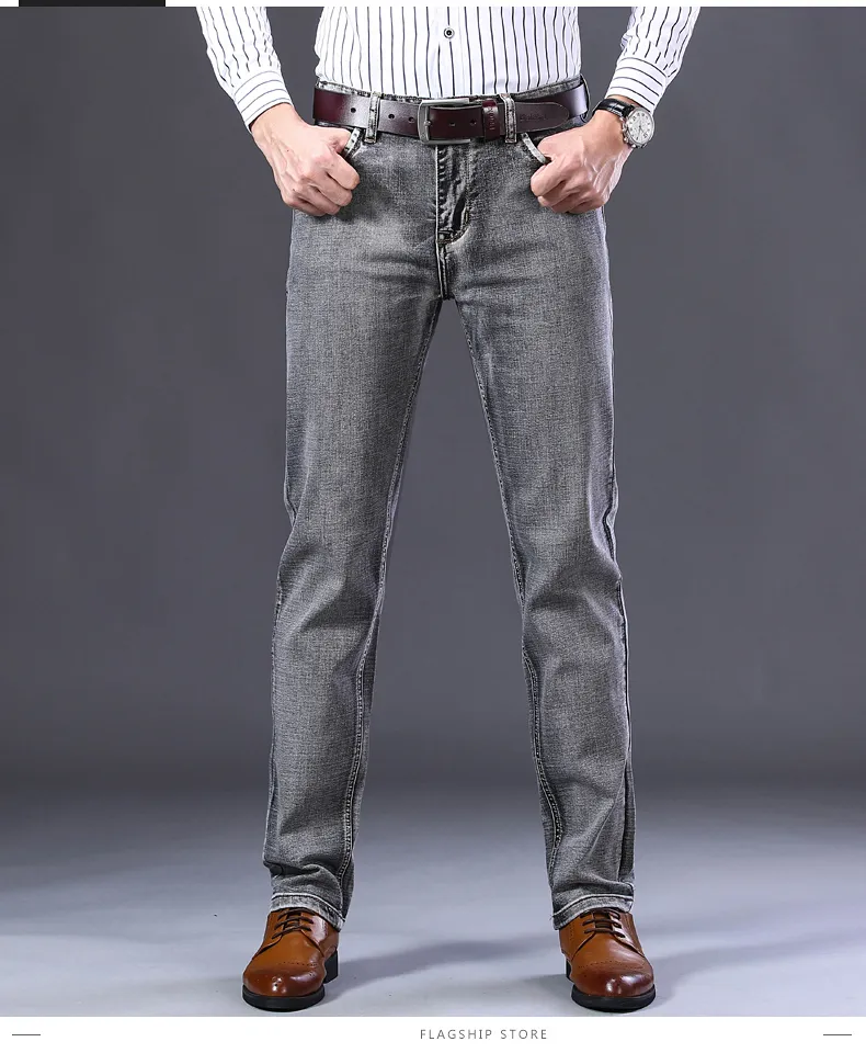 Männer Stretch Regular Fit Jeans Business Casual Klassischen Stil Mode Denim Hosen Männlich Schwarz Blau Grau Hosen