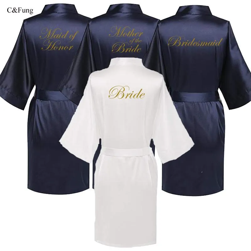 Женская одежда для сна, Cfung Navy Blue Robe Gold Написание кимоно свадебная вечеринка подружка невесты мать мать жениха жениха халаты свадебные подарок