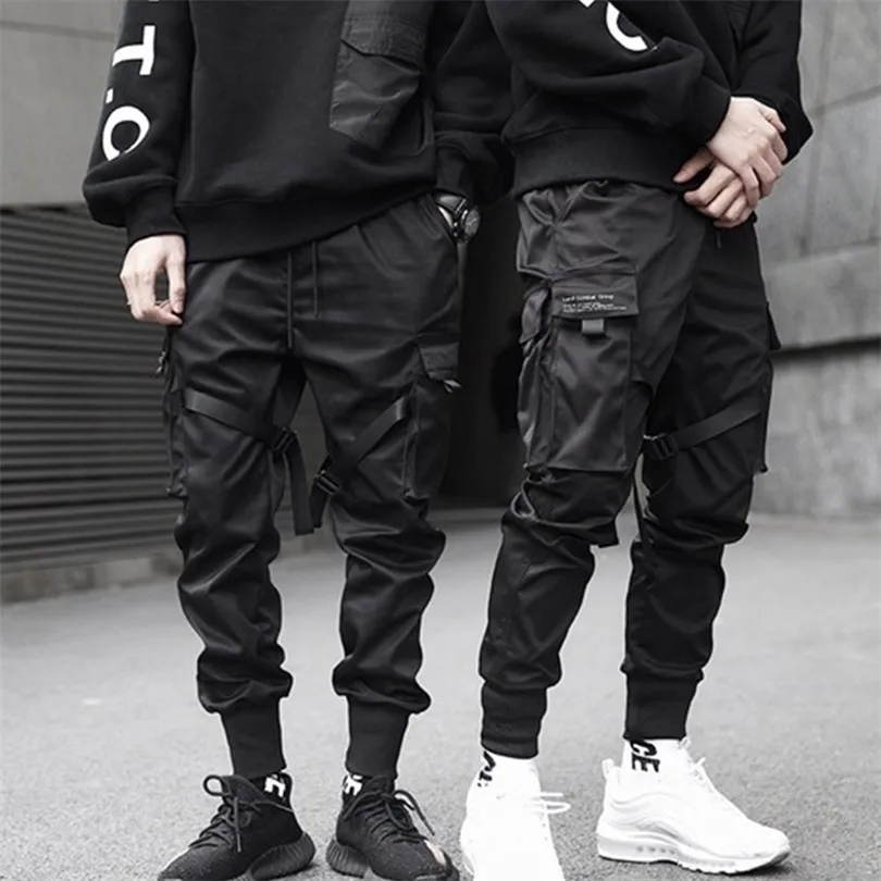 New Hip Hop Boys Multipocketock Waist Harem Pant Men Streetwear Punk Troushers Jogger calças táticas masculinas calças de carga preta T200219