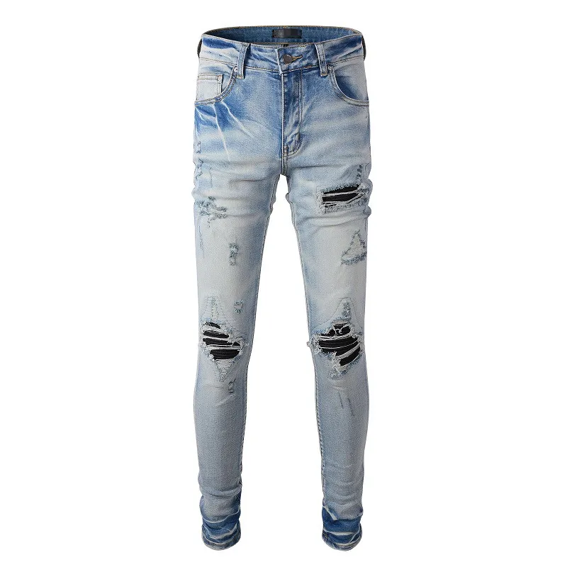 Jeans di fascia alta Uomo Denim Uomo Skinny Biker Slim Ginocchio Rip Rock Distressed Regular Fit Street Plus Size Azzurro Luxery Ragazzo Lungo Dritto Cerniera Fly Hole Europeo