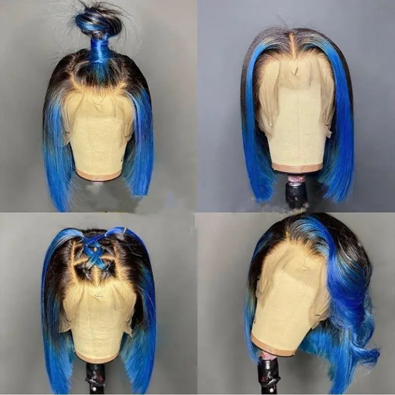 Lace Wigs Highlight Blue Human Hair For Women Colored Front Wigs Brazilian Remy Short Bob Transparent Closure