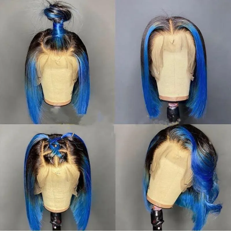 Spitze Perücken Highlight Blau Menschliches Haar Für Frauen Farbige Front Perücke Brasilianische Remy Kurzen Bob Transparent Verschluss