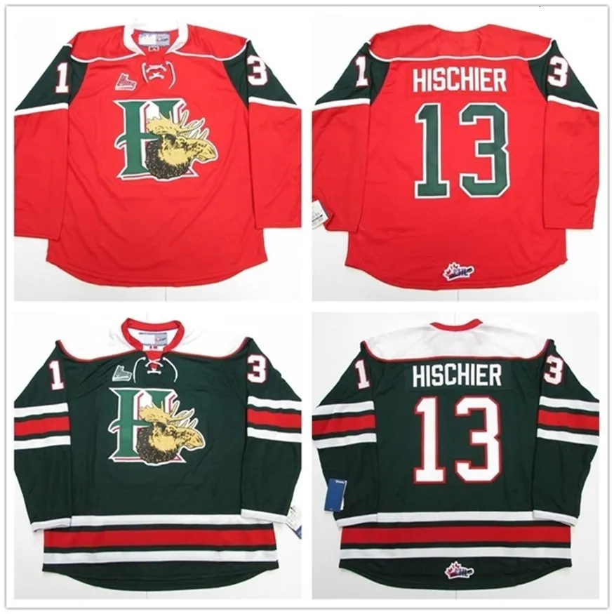 Nikivip Halifax Mooseheads Nico Hischier # 13 CHL Maglia da hockey su ghiaccio retrò verde rossa Maglia da uomo cucita personalizzata Numero Nome Maglie