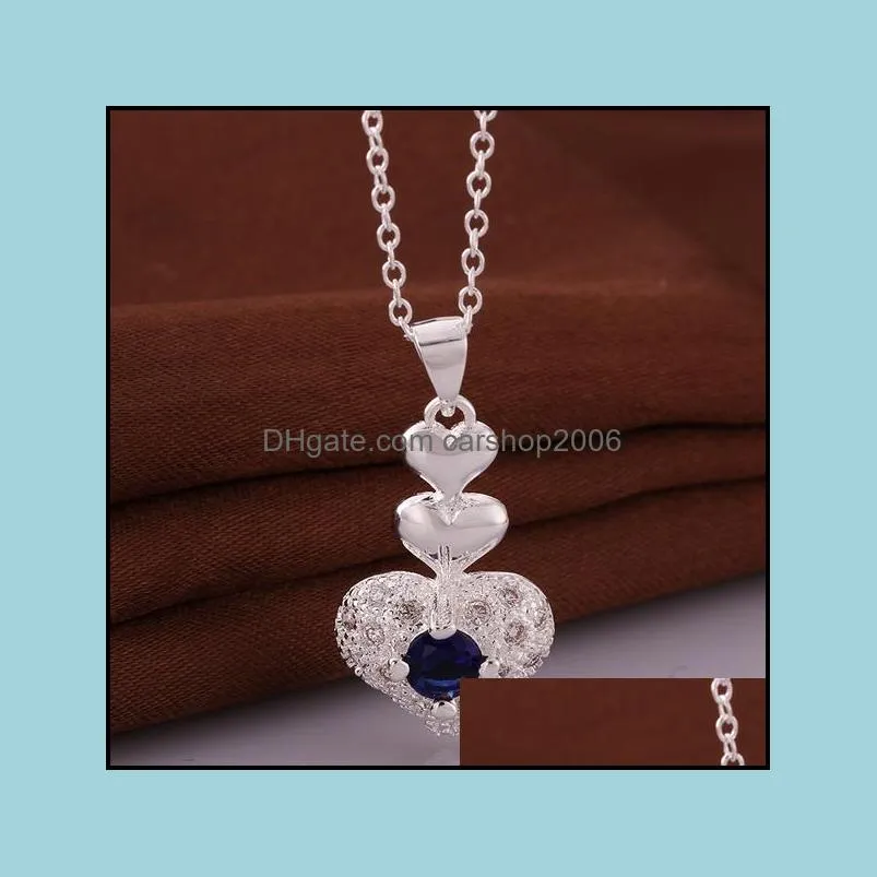 Wholesale 925 Stamped Silver Necklace Wedding Women Elegant Heart Blue Crystal Pendant Fashion Jewelry Valentine`s Gift