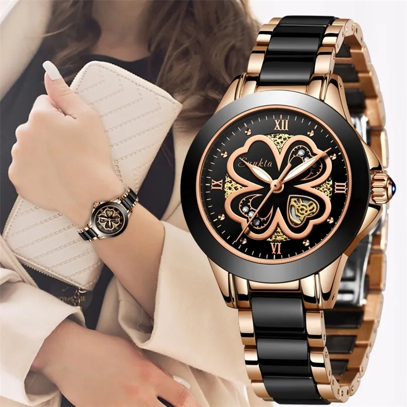 SUNKTA Mode Femmes Montres Rose Gold Ladies Bracelet Montre Reloj Mujer Nouvelle montre à quartz étanche créative pour WomenBox 201114