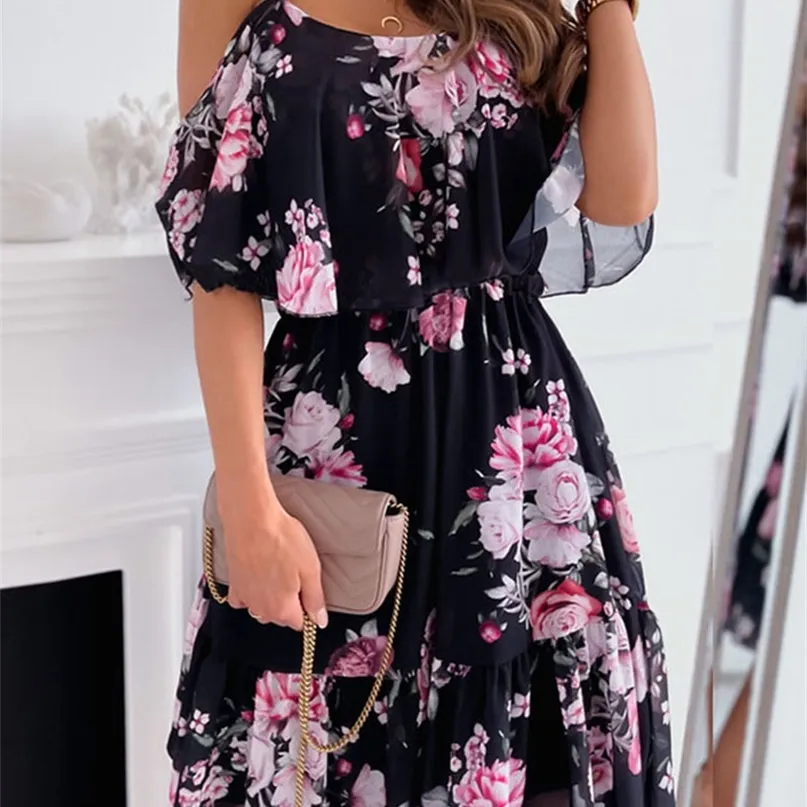 Sexy Off Plouds Floral Chefon Mini Women Flying Summer Rothed -рукав повседневные белые платья для оборков для женщин Rope Femme 220516