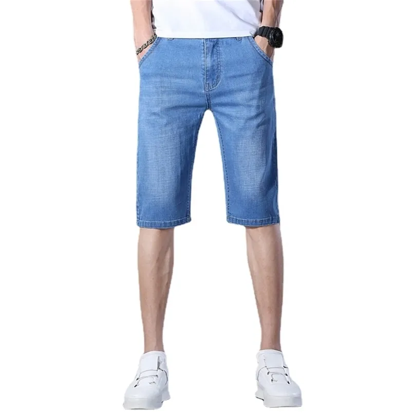 Merk heren zomer stretch dunne kwaliteit denim jeans mannelijke korte mannen blauwe denim Jean shorts broek big size 40 42 220627