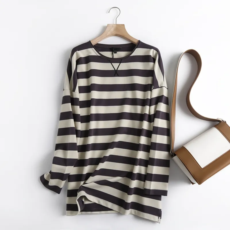 Withered Stripe Tops England Street Vinatge Striped O-neck Cotton boyfriend Oversize Loose Hoodies Women Sweatshirt Pullovers Tops