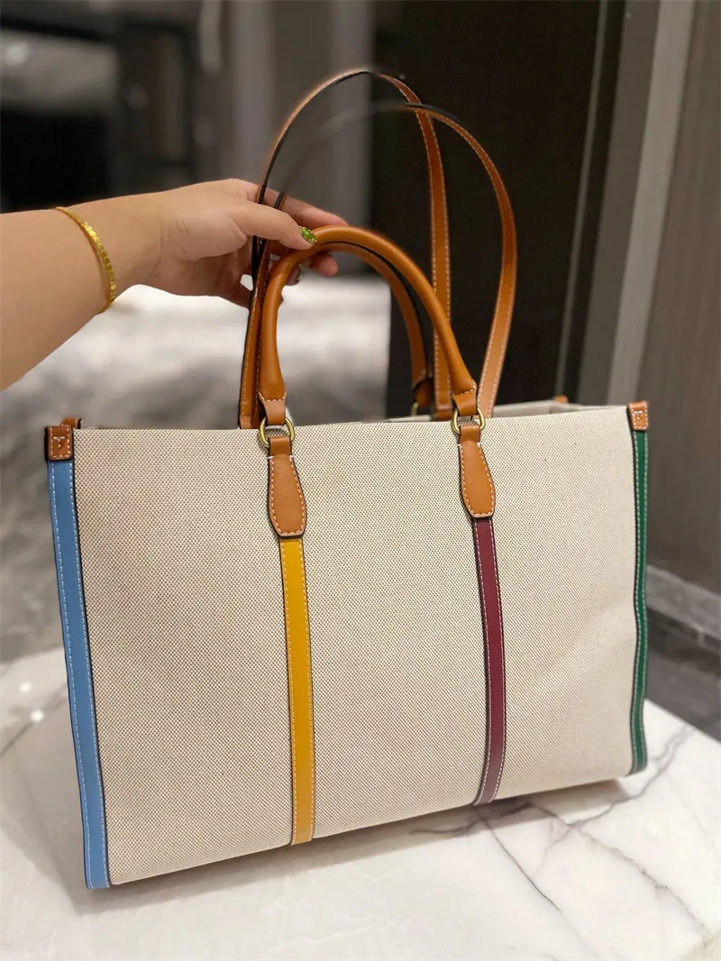 Mehrfarbige Canvas-Einkaufstasche Natürliche Damenhandtaschen Damen-Umhängetaschen Designer-Umhängetaschen Einkaufstaschen Mit doppeltem Riemen und zweifarbigem Leder, selbsttragend