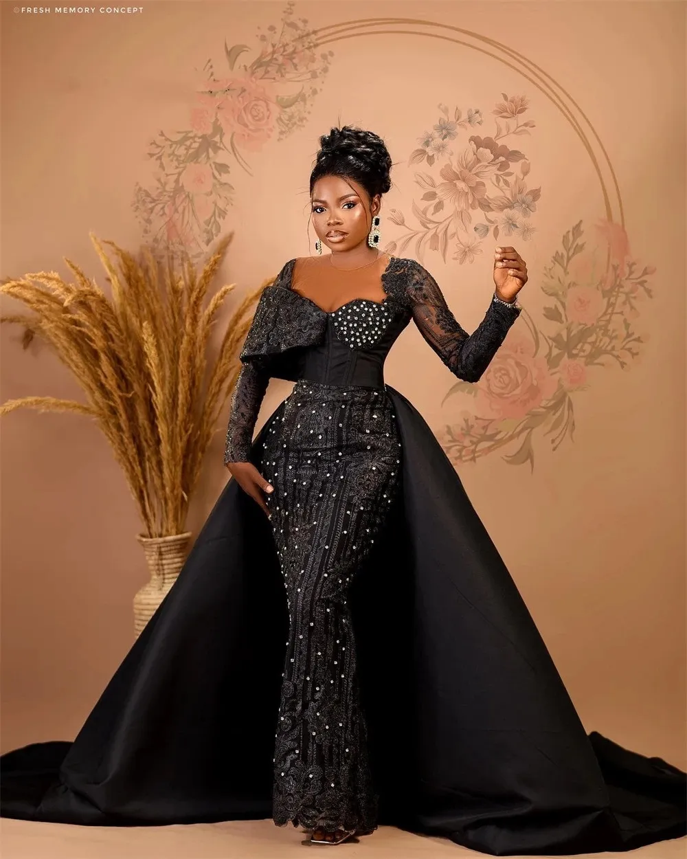 Vestidos de noche de sirena negros Aso Ebi de lujo, con sobrefalda para mujeres africanas, mangas largas, vestidos formales de fiesta de graduación con cuentas, 2022