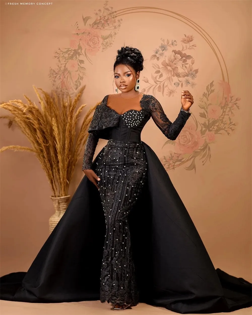 럭셔리 ASO EBI Black Mermaid Evening Dresses 2022 아프리카 여성을위한 오버 스커트 롱 슬리브 공식적인 파티 파티 가운