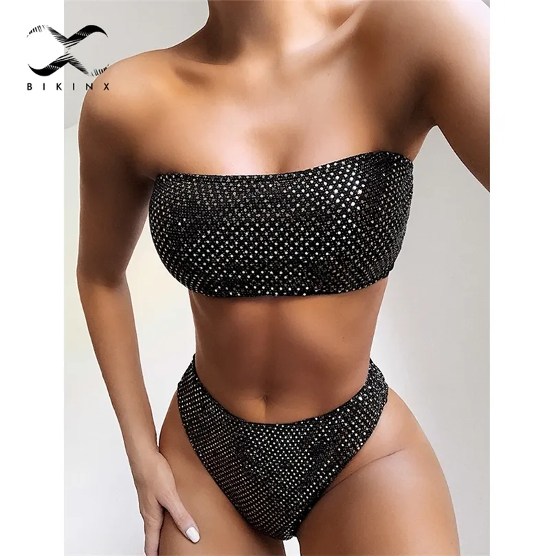 Diamond Bikini Set Bandeau Top High Cut badkläder Kvinnor Shiny Bikini 2020 Summer Bathing Suit Fashion Swimsuit Female Biquini New T200708