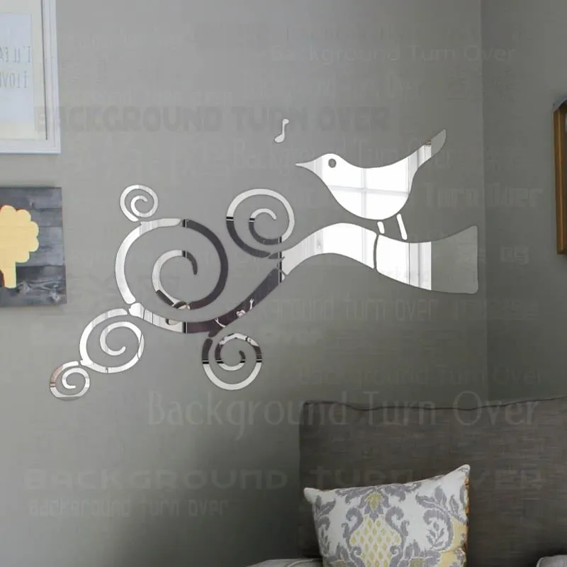 Wall Stickers Mirror Sticker Room Decoration Home Decor Bedroom For Kids Decorative Acrylic Bird Singing Swirly Twig Branch R061Wall