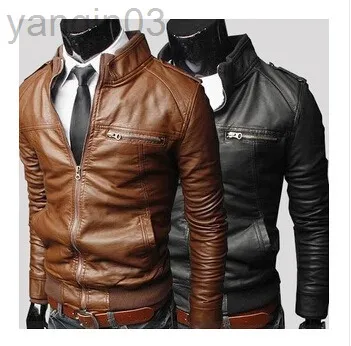 Ny mode Autumn Male Läderjacka plus storlek 3XL Black Brown Men Stand Collar Pu Jackets Biker L220801