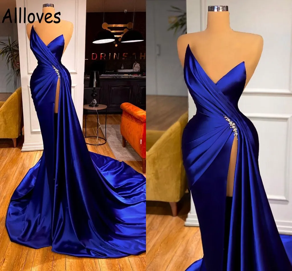 Satin Royal Mermaid Blue Evening Dresses Arabic Aso Ebi Sexy Backless Pleats High Slit Formal Party Gowns Sweep Train Crystals Prom Second Reception Dress
