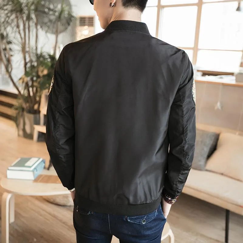 Mens Autumn Bomber Jacket: Chinese Dragon Embroidery, Casual